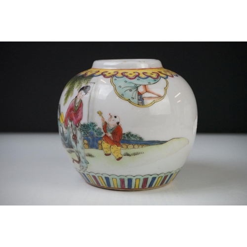 28 - Two Chinese Porcelain Ginger Jars with covers together with Three further Chinese Porcelain Famille ... 