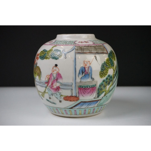 28 - Two Chinese Porcelain Ginger Jars with covers together with Three further Chinese Porcelain Famille ... 