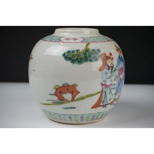 28 - Two Chinese Porcelain Ginger Jars with covers together with Three further Chinese Porcelain Famille ... 