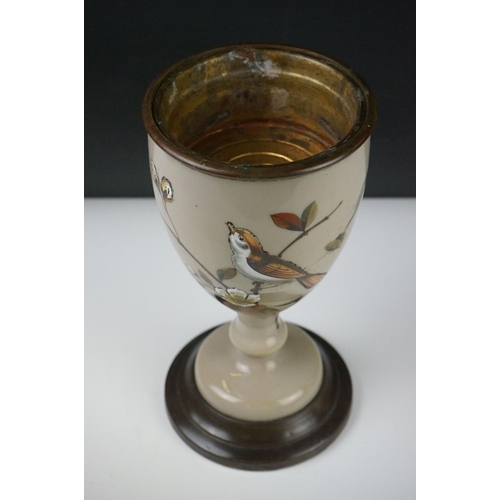 33 - Victorian Opaque Glass and Brass Oil Lamp Base, the glass over-painted with birds within branches, 2... 