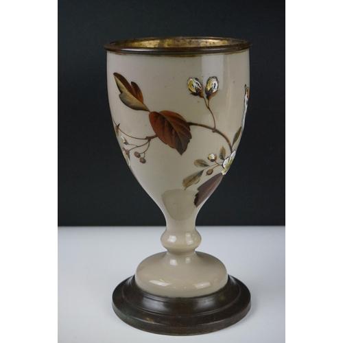 33 - Victorian Opaque Glass and Brass Oil Lamp Base, the glass over-painted with birds within branches, 2... 