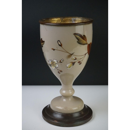 33 - Victorian Opaque Glass and Brass Oil Lamp Base, the glass over-painted with birds within branches, 2... 