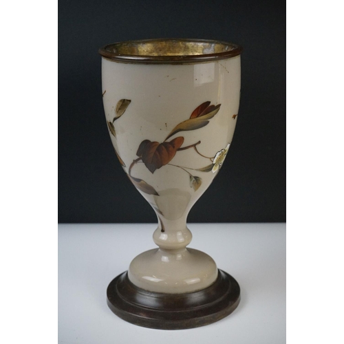 33 - Victorian Opaque Glass and Brass Oil Lamp Base, the glass over-painted with birds within branches, 2... 