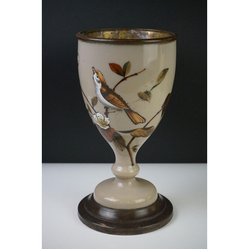 33 - Victorian Opaque Glass and Brass Oil Lamp Base, the glass over-painted with birds within branches, 2... 