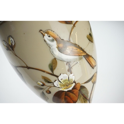 33 - Victorian Opaque Glass and Brass Oil Lamp Base, the glass over-painted with birds within branches, 2... 