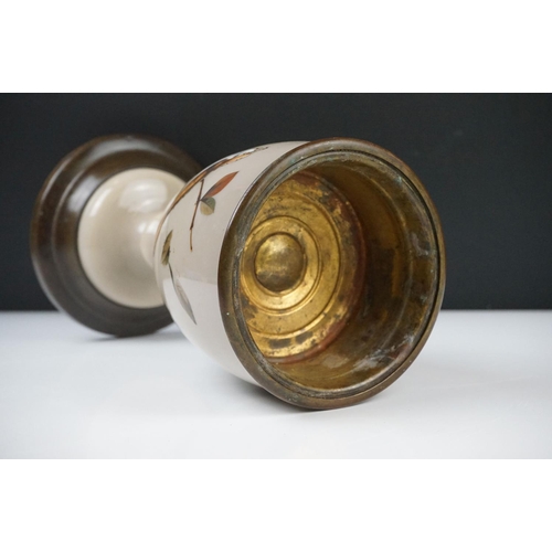 33 - Victorian Opaque Glass and Brass Oil Lamp Base, the glass over-painted with birds within branches, 2... 