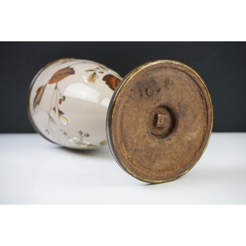 33 - Victorian Opaque Glass and Brass Oil Lamp Base, the glass over-painted with birds within branches, 2... 