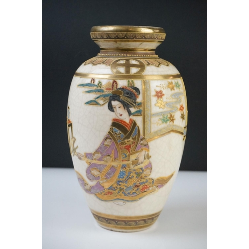 35 - Japanese Satsuma style Vase, 23cm high together with a Stack of Wooden Russian style Dolls