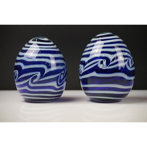 38 - Five Hand Made Blue and White Glass Egg shape Ornaments, tallest 21cm high
