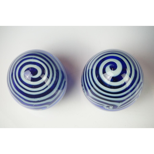 38 - Five Hand Made Blue and White Glass Egg shape Ornaments, tallest 21cm high