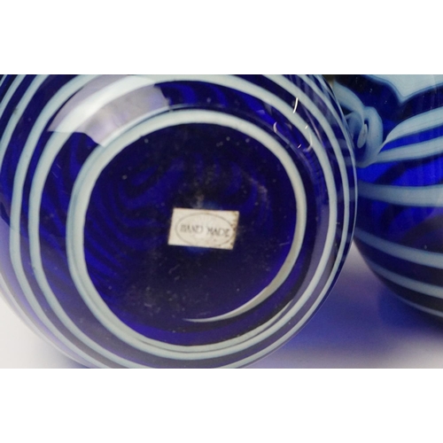 38 - Five Hand Made Blue and White Glass Egg shape Ornaments, tallest 21cm high