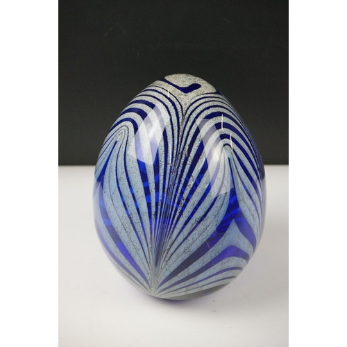 38 - Five Hand Made Blue and White Glass Egg shape Ornaments, tallest 21cm high