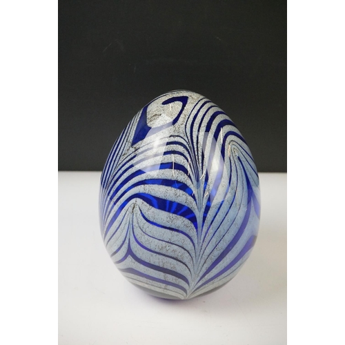 38 - Five Hand Made Blue and White Glass Egg shape Ornaments, tallest 21cm high