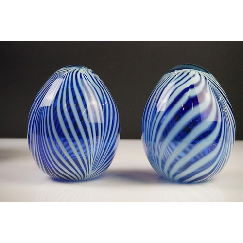 38 - Five Hand Made Blue and White Glass Egg shape Ornaments, tallest 21cm high