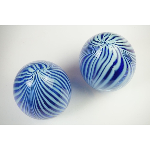 38 - Five Hand Made Blue and White Glass Egg shape Ornaments, tallest 21cm high