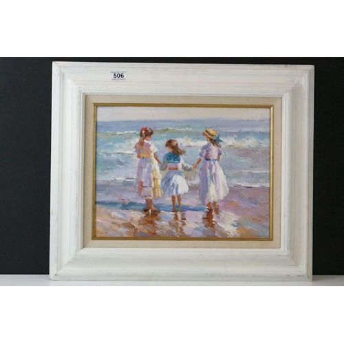 Oil Painting Impressionist Scene with three girls beach paddling