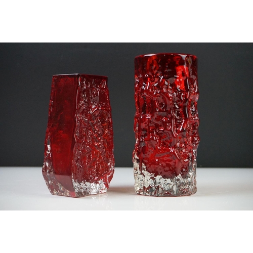 40 - Whitefriars Bark Coffin Vase in Ruby Red, 13cm high and a Whitefriars Bark Cylindrical Vase in Ruby ... 