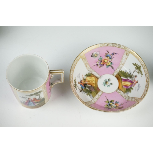 42 - Continental Porcelain ' Augustus Rex ' Large Coffee Can and Saucer decorated with panels of courting... 