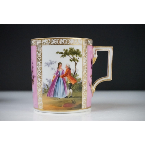 42 - Continental Porcelain ' Augustus Rex ' Large Coffee Can and Saucer decorated with panels of courting... 