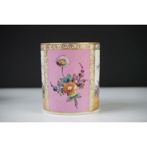 42 - Continental Porcelain ' Augustus Rex ' Large Coffee Can and Saucer decorated with panels of courting... 