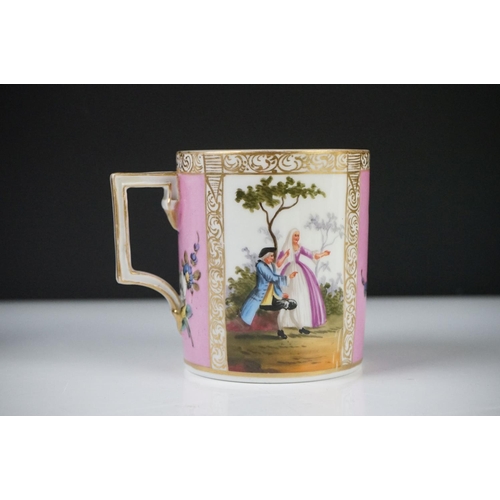 42 - Continental Porcelain ' Augustus Rex ' Large Coffee Can and Saucer decorated with panels of courting... 