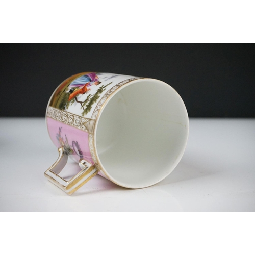 42 - Continental Porcelain ' Augustus Rex ' Large Coffee Can and Saucer decorated with panels of courting... 