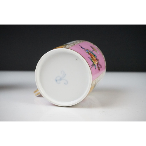 42 - Continental Porcelain ' Augustus Rex ' Large Coffee Can and Saucer decorated with panels of courting... 