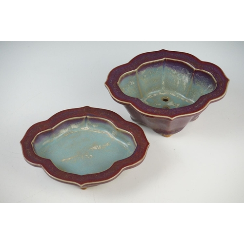 46 - Chinese Jun type Quatrefoil Planter and Stand, the exterior with a purple tone glaze and the interio... 