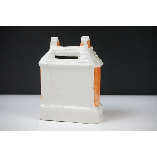 47 - 19th century Staffordshire Pottery Watch Holder with a musician lady holding a sheep and a spaniel, ... 