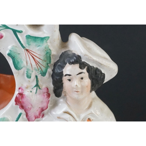 47 - 19th century Staffordshire Pottery Watch Holder with a musician lady holding a sheep and a spaniel, ... 