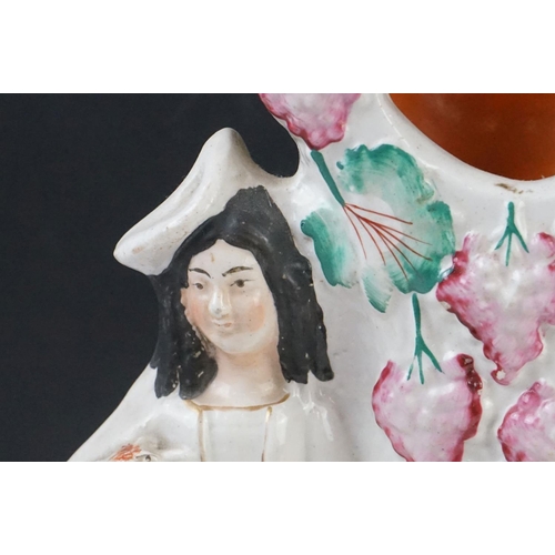 47 - 19th century Staffordshire Pottery Watch Holder with a musician lady holding a sheep and a spaniel, ... 