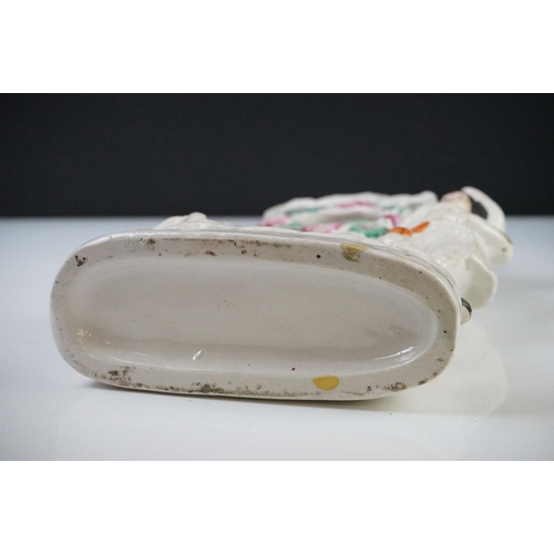 47 - 19th century Staffordshire Pottery Watch Holder with a musician lady holding a sheep and a spaniel, ... 