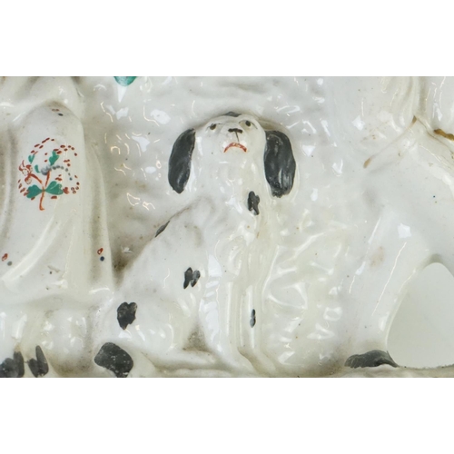 47 - 19th century Staffordshire Pottery Watch Holder with a musician lady holding a sheep and a spaniel, ... 