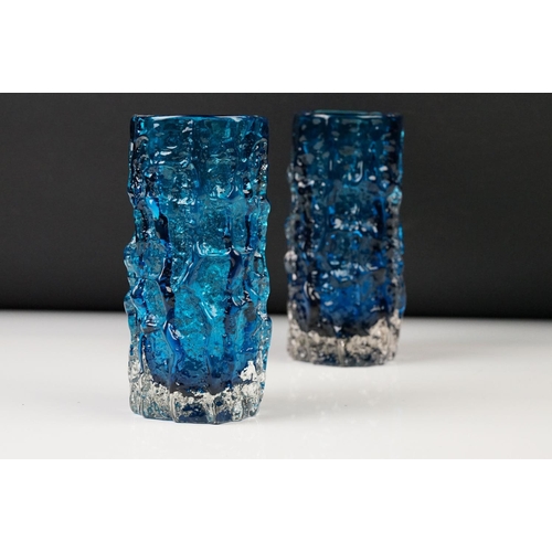 8 - Two Whitefriars Textured Bark Glass Vase, model 9689, in the Kingfisher Blue colour, 15cm high