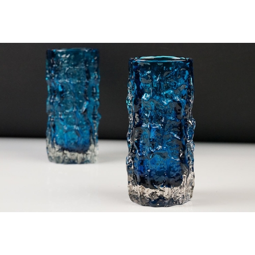 8 - Two Whitefriars Textured Bark Glass Vase, model 9689, in the Kingfisher Blue colour, 15cm high