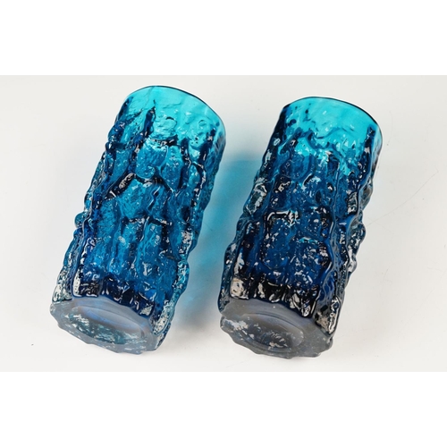 8 - Two Whitefriars Textured Bark Glass Vase, model 9689, in the Kingfisher Blue colour, 15cm high