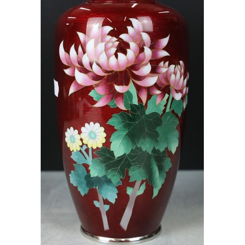 166 - Japanese Ando Cloisonne Vase on Silver coloured base, the red body decorated with flowers, marked to... 