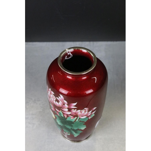 166 - Japanese Ando Cloisonne Vase on Silver coloured base, the red body decorated with flowers, marked to... 