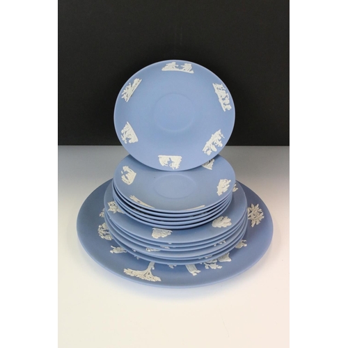 110 - Wedgwood Jasperware Pale Blue Tea Service for 6 to include 2 x teapots & covers, 6 teacups & saucers... 