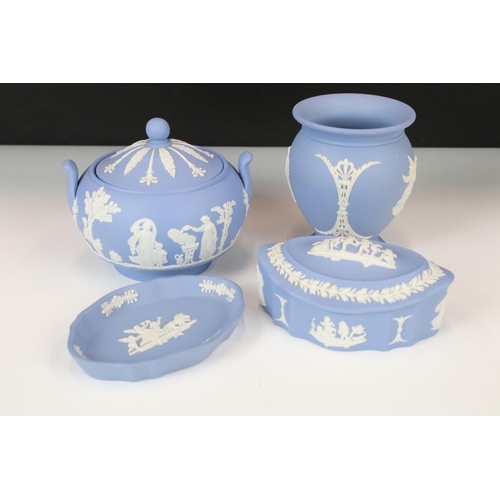 110 - Wedgwood Jasperware Pale Blue Tea Service for 6 to include 2 x teapots & covers, 6 teacups & saucers... 