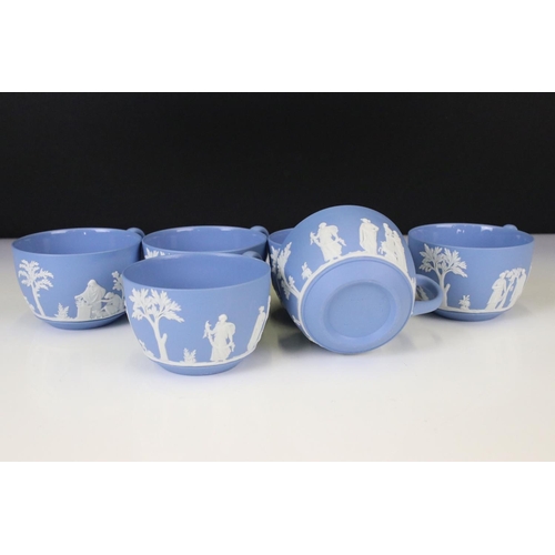 110 - Wedgwood Jasperware Pale Blue Tea Service for 6 to include 2 x teapots & covers, 6 teacups & saucers... 