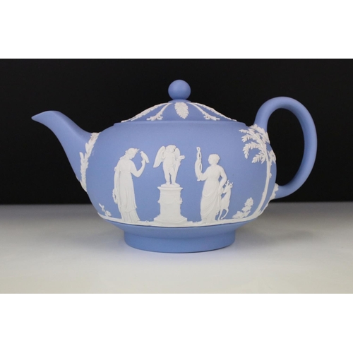 110 - Wedgwood Jasperware Pale Blue Tea Service for 6 to include 2 x teapots & covers, 6 teacups & saucers... 