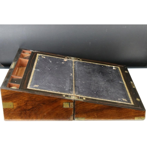 183 - Victorian Brass Bound Burr Walnut Writing Slope, with fitted interior containing two glass inkwells ... 