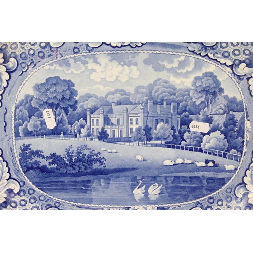 133 - 19th Century blue and white meat plate depicting Wistow Hall, Leicestershire. 49cm long x 39.5cm wid... 