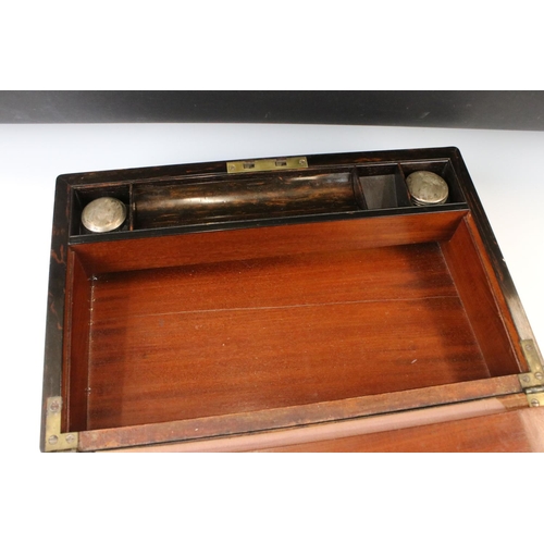 185 - 19th Century Coromandel writing slope with initialled MOP cartouche to lid, opening to reveal a fitt... 