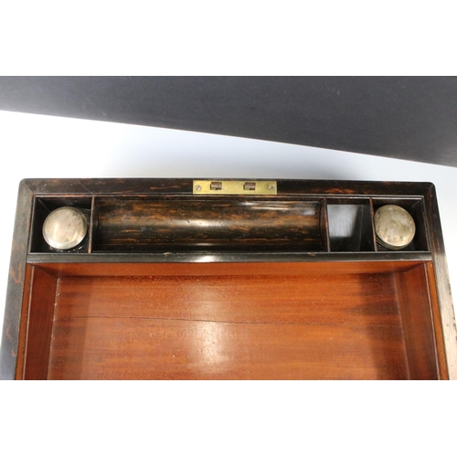 185 - 19th Century Coromandel writing slope with initialled MOP cartouche to lid, opening to reveal a fitt... 