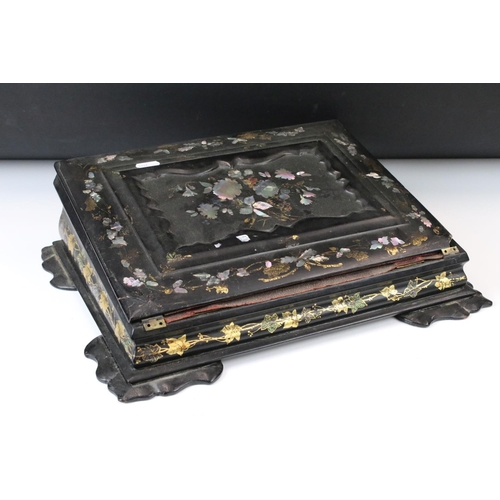 187 - Victorian black lacquered writing slope with abalone shell floral inlay to the hinged lid, gilt pain... 