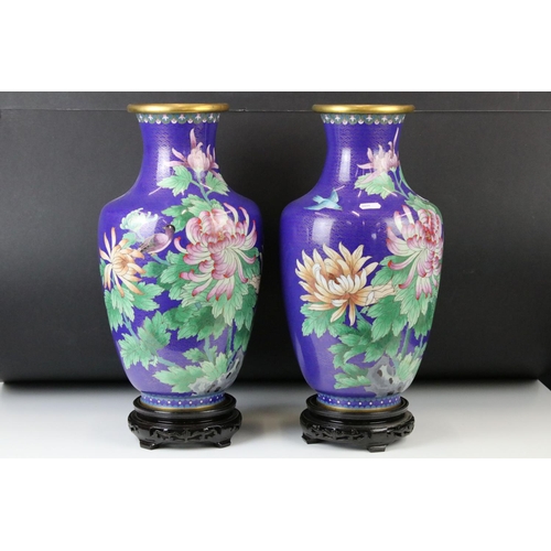 197 - Pair of Chinese Cloisonne Baluster Vases decorated with birds and flowers on a blue ground, Jingfa l... 