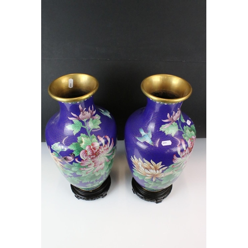 197 - Pair of Chinese Cloisonne Baluster Vases decorated with birds and flowers on a blue ground, Jingfa l... 