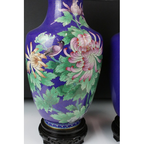 197 - Pair of Chinese Cloisonne Baluster Vases decorated with birds and flowers on a blue ground, Jingfa l... 